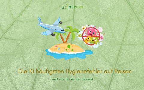 Illustration mit Flugzeug, tropischer Insel und bunten Keimen – Symbol für die 10 häufigsten Hygienefehler auf Reisen